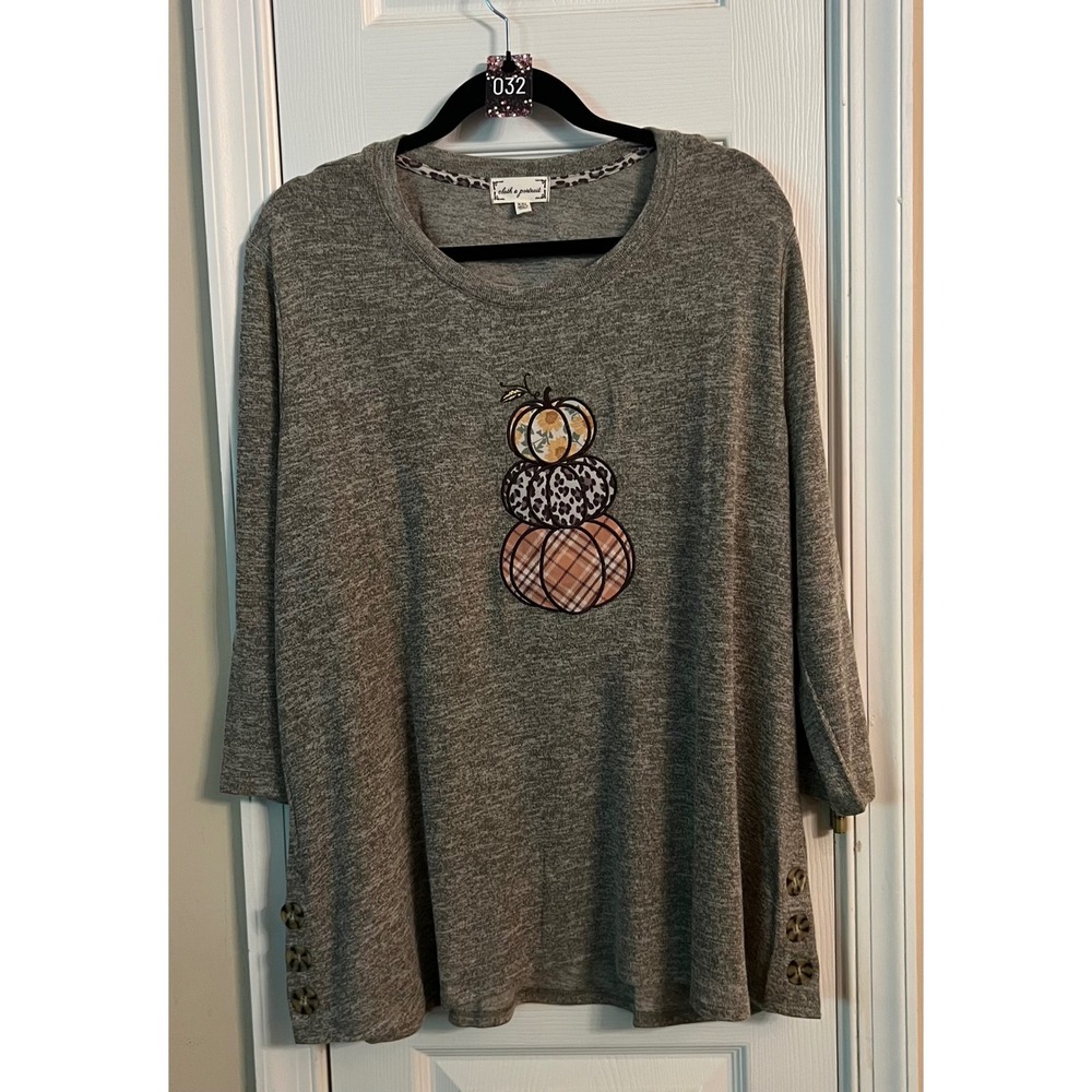 Cloth & Portrait Womens XXL Heather Gray Pumpkin Graphic 3/4 Sleeve Knit Top